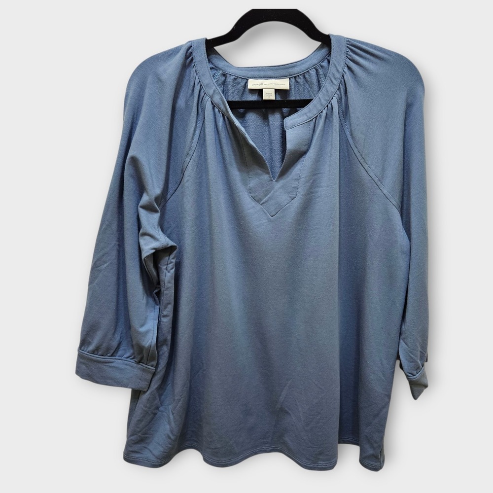 pure jill Affinity French Terry V Neck Pullover Top Women M Blue Cotton‎ Blend